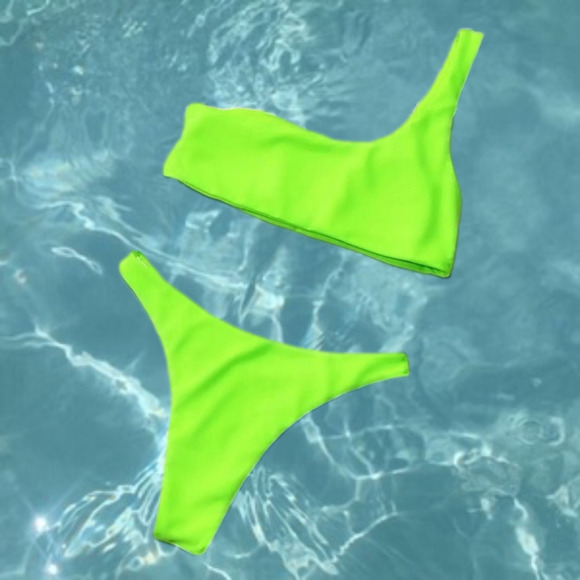 Neon Green One Shoulder High Cut Bikini - Picture 2 of 8